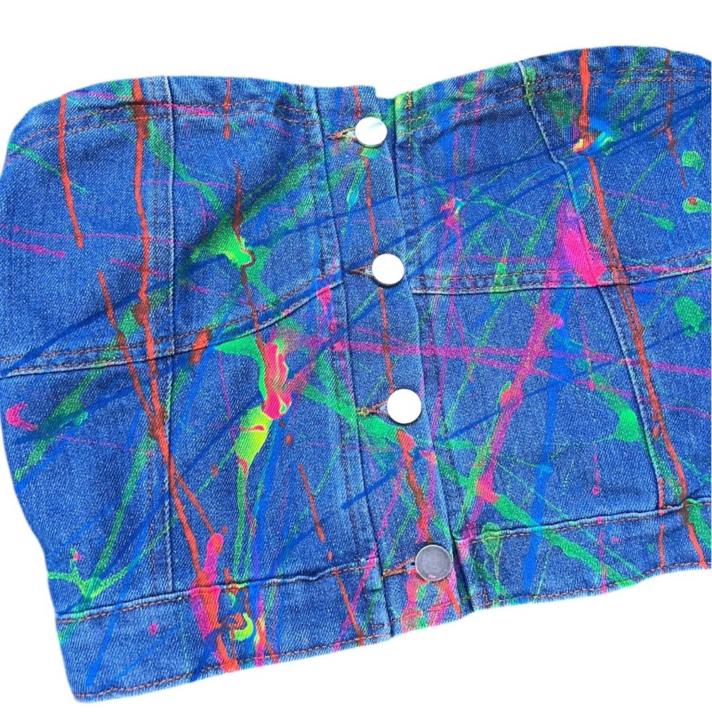 Custom Colorful Paint Splatter Denim Crop Top, Sz: Large✅ - Picture 4 of 9